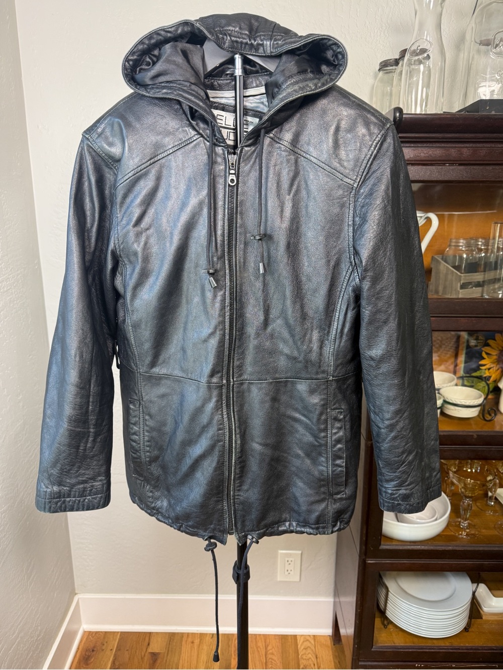 Vintage Y2K Wilsons Pelle Studio Black Leather Hooded Jacket Zip Lining Size M
